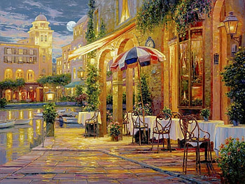 City Restaurant, artwork, chairs, painting, tables, arcades HD wallpaper