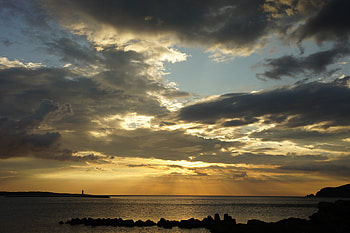 Fantastic sunset in Shimonoseki, Japan, blue, sea, lighthouse, cloudy, japan, beautiful, wonderful, orange, nippon, beach, fantastic, clouds, sky, evening, sunset, shimonoseki HD wallpaper
