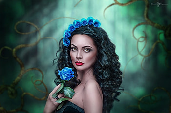 blue flowergirl, blue, girl, fantasy, flower HD wallpaper