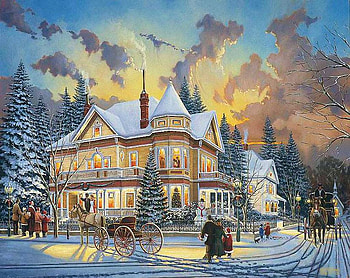 Victorian Christmas, winter, horse, house, people, artwork, coach, painting, snow, street HD wallpaper