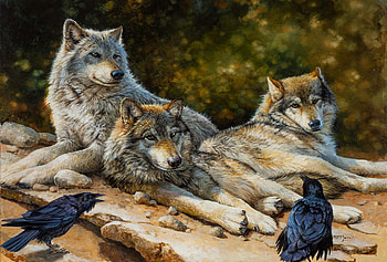 The Public Forum, artwork, painting, wolves, trees, stones, ravens HD wallpaper
