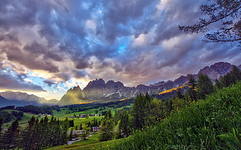 spectacular alpine meadow r, clouds, meadow, r, mountains, forest, village HD wallpaper