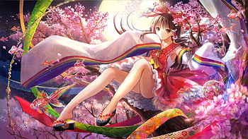 Touhou, blue, sandals, kimono, cute, beauty, cherry tree, rainbow lines, girl, beautiful, orange, tree, multicolor, purple, pink, anime, pretty, light, green, yellow, red, flowers, lovely HD wallpaper