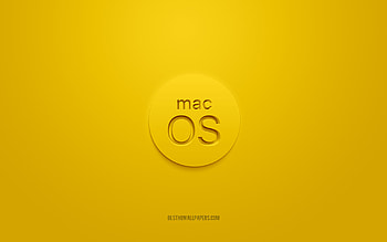 MacOS logo, emblem, yellow background, macOS yellow 3D logo, creative art, macOS HD wallpaper