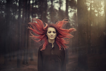Red Dyed Hair Girl Flying Closed Eyes, girls, model HD wallpaper