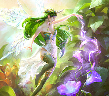 Fairy, tatiana kirgetova, art, girl, summer, pink, fantasy, flower, magical, green, morning glory, luminos HD wallpaper