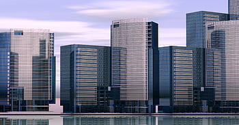 A cityscape with contemporary glass skyscrapers reflecting in water on a clear day. HD wallpaper