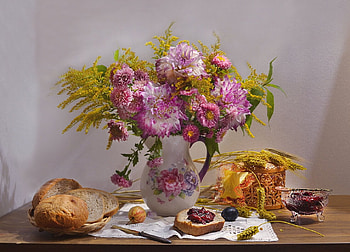 Still life, Flowers, Dahilas, Summer, Bread HD wallpaper