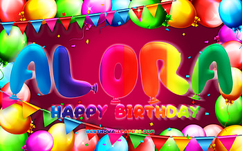 Happy Birtay Alora, , colorful balloon frame, Alora name, purple background, Alora Happy Birtay, Alora Birtay, popular american female names, Birtay concept, Alora HD wallpaper