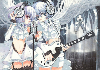 MUSIC two girls, silver hair, skirt, guitar, cute, girl, purple, music, note, anime, musical HD wallpaper