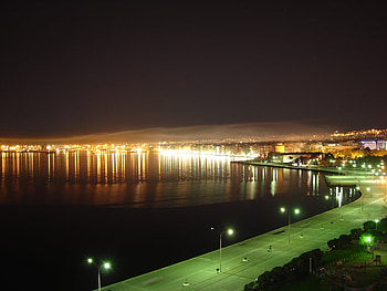 landscape, night, lamp, sky, road, nature, water, rivers HD wallpaper