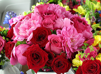 Flowers, Roses, Peonies, Bright, Bouquet HD wallpaper