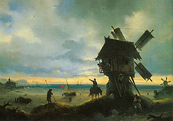 Windmill on the seashore, windmill, painting, art, pictura, seashore, ivan aivazovsky, luminos HD wallpaper