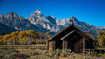 Chapel of Transfiguration, wooden, landscape, usa, wyoming, tetons, clouds, trees, sky, mountains HD wallpaper