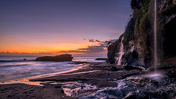 waterfalls on seaside cliffs at twilight, sea, twilight, waterfalls, cliff, beach HD wallpaper