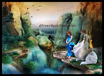 Cascades, birds, ladies, fantasy HD wallpaper