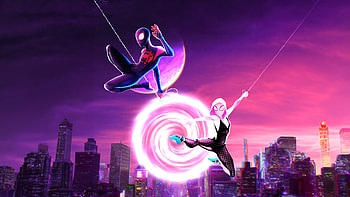 Miles And Gwen In Spiderman Across The Spider Verse 2023, spiderman-into-the-spider-verse, 2023-movies, superheroes, gwen-stacy, movies, spiderman, animated-movies, artist, artwork, digital-art HD wallpaper