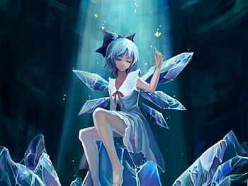 Crystal Cave, pixiv id 166356, dress, flower, short hair, bow, barefoot, nataku39, wings, smile, ribbon, blue hair, petal, ice wings, fairy, anime, touhou, cirno, hair bow, ice HD wallpaper