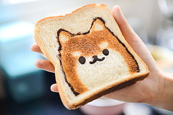 Adorable Shiba Inu face toast art, perfect for breakfast fun, held by hand in a bright setting. HD wallpaper