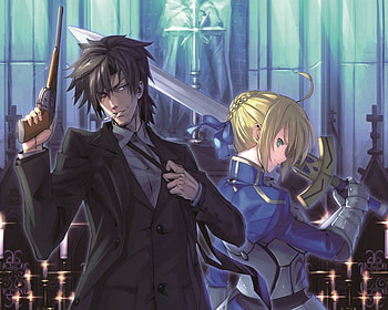 Back 2 Back, blond hair, excalibur, blonde, cute, knight, fate stay night, long hair, short hair, couple, blonde hair, gun, male, female, handsome, sexy, blond, pistol, sword, hot, Kiritsugu Emiya, girl, black hair, armor, blade, anime girl, boy, anime, weapon, Saber, guy, spiky hair HD wallpaper