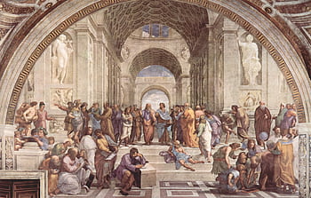 Famous Renaissance painting by Raphael depicting various philosophers in a classical setting. HD wallpaper