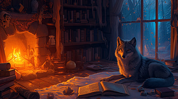 Mystical Wolf in Cozy Library -, wolf, cozy interior, fireplace, book, winter scene HD wallpaper