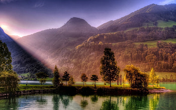 Rays of Light, rays, reflection, trees, nature, mountains, lake HD wallpaper