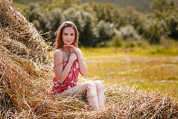Cowgirl in a Haystack, hay, redhead, cowgirl, dress, smile HD wallpaper