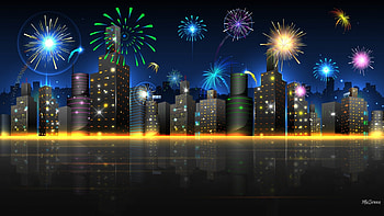 Celebration in the City, fireworks, city, fun, reflectiion, 4th of July, party, sky scrapers, Independence Day, New Years, Fourth of July, Celebrate, sky HD wallpaper