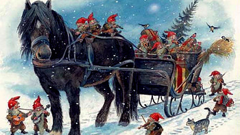 Merry Christmas, Christmas Tree, Gnome, Snow, Wagon, Horses HD wallpaper