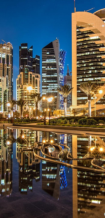 Qatar, Doha night reflection, Cityscape lights, Huawei P20 Pro HD phone wallpaper
