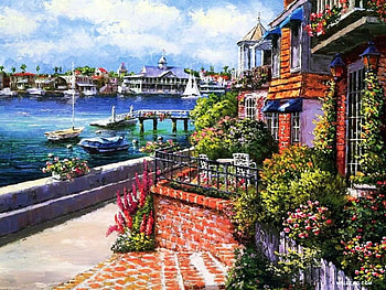 Balboa Island, sea, artwork, boats, house, flowers HD wallpaper