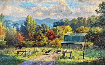 My Farm, turkes, artwork, barn, painting, clouds, trees, sky, mountains HD wallpaper