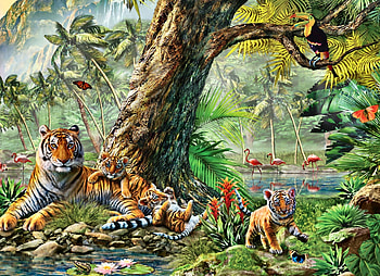 Land and Water Utopia F2Cmp, animal, flamingos, utopia, art, feline, cat, beautiful, artwork, wide screen, wildlife, painting, tigers HD wallpaper