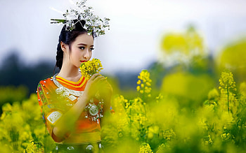 Beauty on the field, asian, field, yellow, flower, green, girl, woman, beauty HD wallpaper