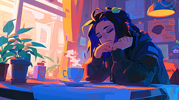 Tired Serenity: A Lofi Woman in Reflection, woman, lofi, tired, illustration, coffee HD wallpaper