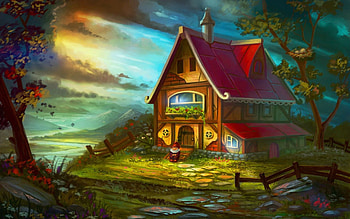 Dreamy Cottage, house, artwork, dwarf, painting, clouds, sky, tree HD wallpaper