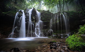 Waterfall, forest, rocks, water HD wallpaper