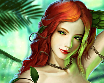Poison Ivy, art, girl, woman, fantasy, green, demidevil13, leaf, redhead, luminos HD wallpaper
