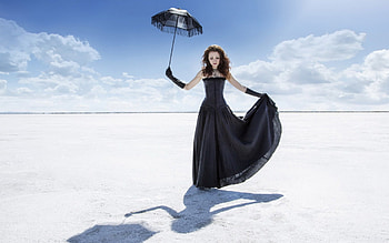 Dark beauty, blue, umbrella, white, black, model, girl, dress, dark, woman, summer, day, desert, sun HD wallpaper