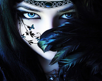 Feathers and butterflies, blue, butterflies, feathers, abstract, eyes, woman HD wallpaper