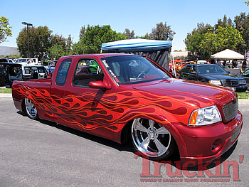 Custom Red, custom wheels, low, flames, truck HD wallpaper