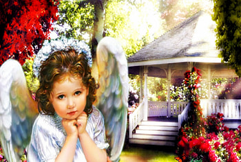 Heavens little angel, gazebo, angel, flowers, religious HD wallpaper
