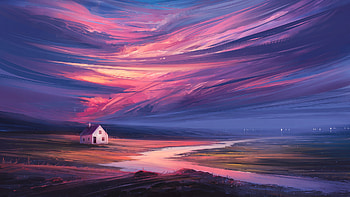 Landscape Artistic Colorful Cloud House Night River Sky Minimalism Minimalism HD wallpaper