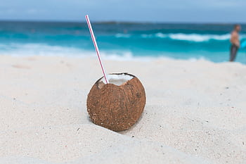A coconut with a straw sits on a sandy beach, overlooking the clear blue ocean. Perfect tropical refreshment. HD wallpaper