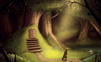 Forest, Steps, Tree, Grass, Door, Fantasy HD wallpaper