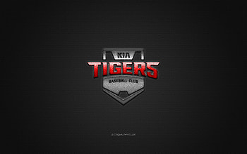 KIA Tigers, South Korean baseball club, KBO League, red logo, gray carbon fiber background, baseball, Gwangju, South Korea, KIA Tigers logo HD wallpaper