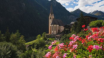 Austria, Church Holy blood, blossoms, landscape, clouds, sky, flowers, mountains, alps, spring HD wallpaper