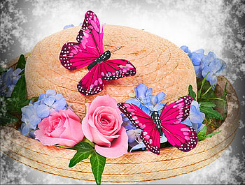 My favorite hat, blue, straw, pink, pink butterflies, flowers, hat HD wallpaper