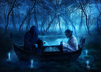 Death and the Maiden II, boat, skulls, death, artwork, fantasy, robe, abstract, maiden, trees, chess, candles, female HD wallpaper